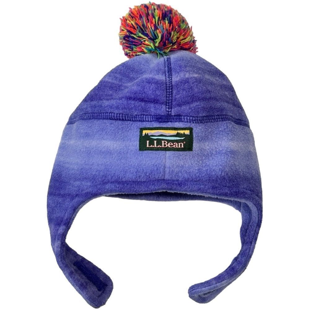 L.L. Bean Girls Kids Colorful Purple Velcro Pom Pom Fleece Winter Hat.
